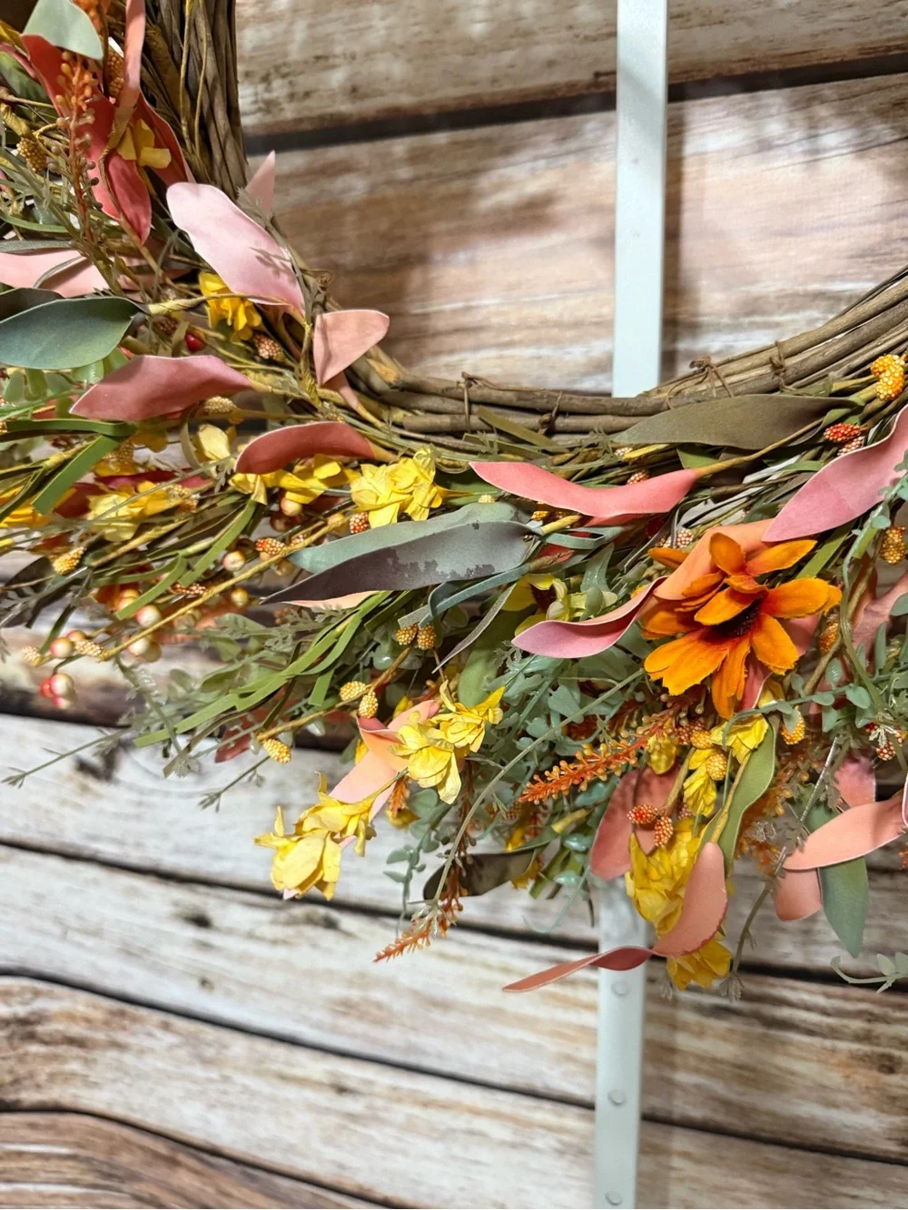 Autumn Flower & Berry Faux Floral Wreath - Yellow Orange & Pink